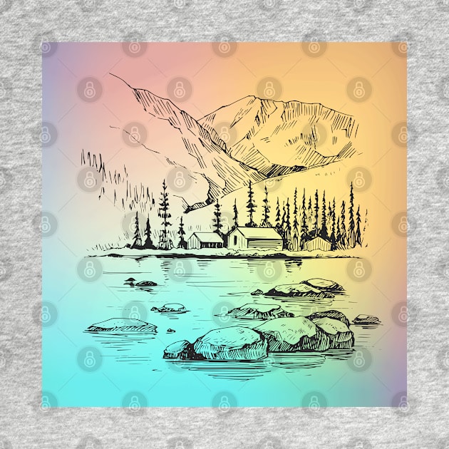 Wild natural landscape with mountains, lake, pines, rocks. hand drawn illustration by Modern Art